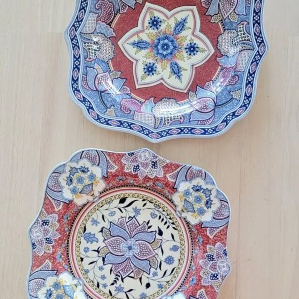 Spode Kashmir 9" Square Luncheon Plates w intricate design Set /2 Discontinued